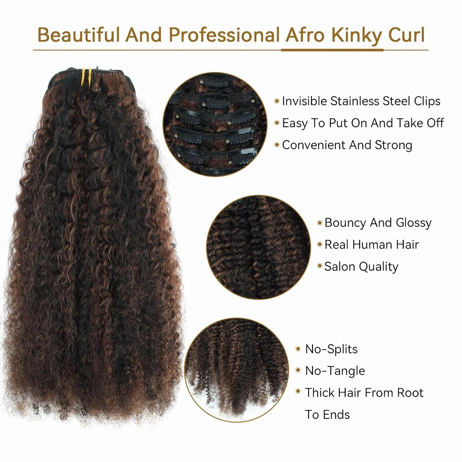 ABH AMAZINGBEAUTY HAIR Afro Kinky Curly Clip ins 4A 4B for Black Women Human Hair Highlight Chocolate Brown With Black P1B/4 Full Head Brazilian Hair 10 Inch 7Pcs 120G