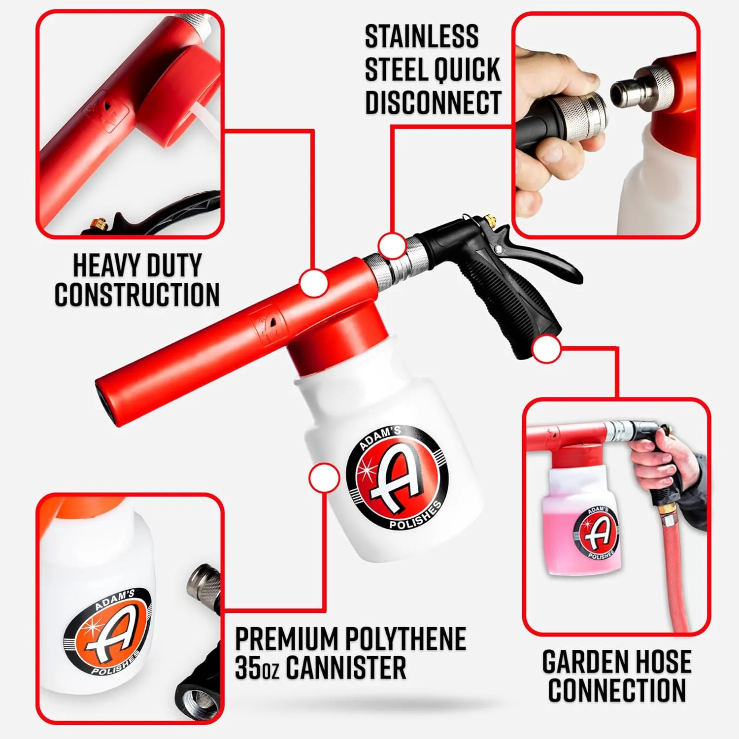 Adam's Premium Foam Gun Car Wash Sprayer - Connects to Garden Hose for Car Washing, No Pressure Washer Required, Use Snow Foam Blaster with Car Soap, Shampoo or Detergent