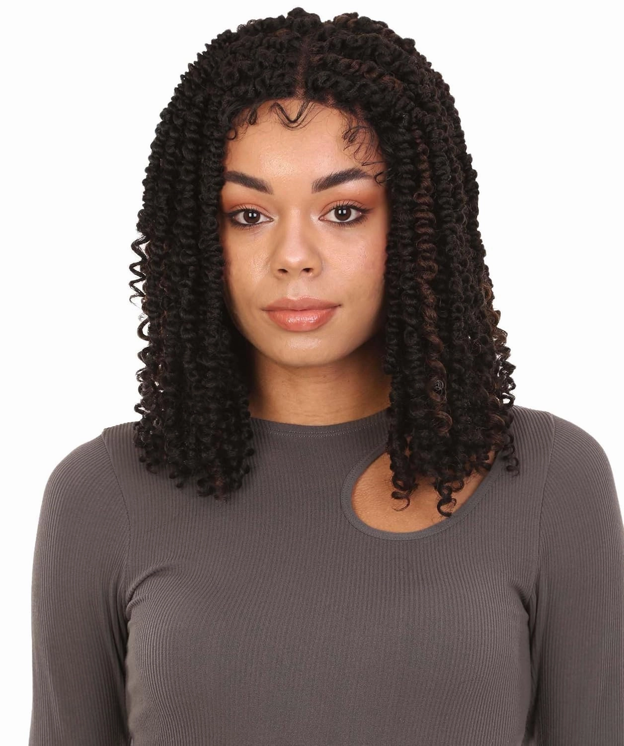 Adeline 16-inches Passion Twist 4"×5" HD Lace Wig, Heat Resistant Fiber, (Natural black and a medium auburn ombre)