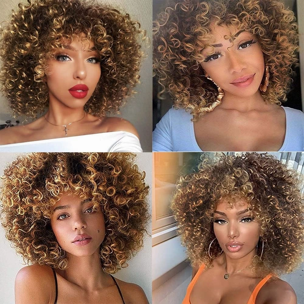 Afro Blonde Curly Wigs for Black Women,Kinky Blonde Wig With Bangs Synthetic Heat Resistant Hair for Daily Use