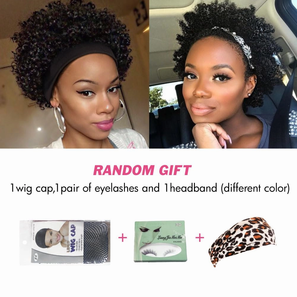 Afro Headband Wig Black Short Afro Kinky Curly Wigs for Black Women Glueless Afro Wigs with headbands attached Synthetic with 2 Clips(1b)
