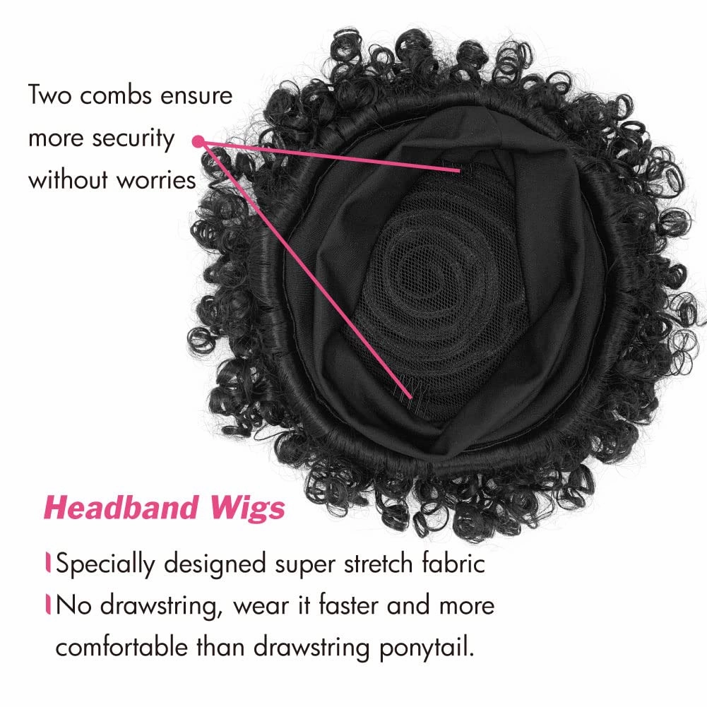 Afro Headband Wig Black Short Afro Kinky Curly Wigs for Black Women Glueless Afro Wigs with headbands attached Synthetic with 2 Clips(1b)
