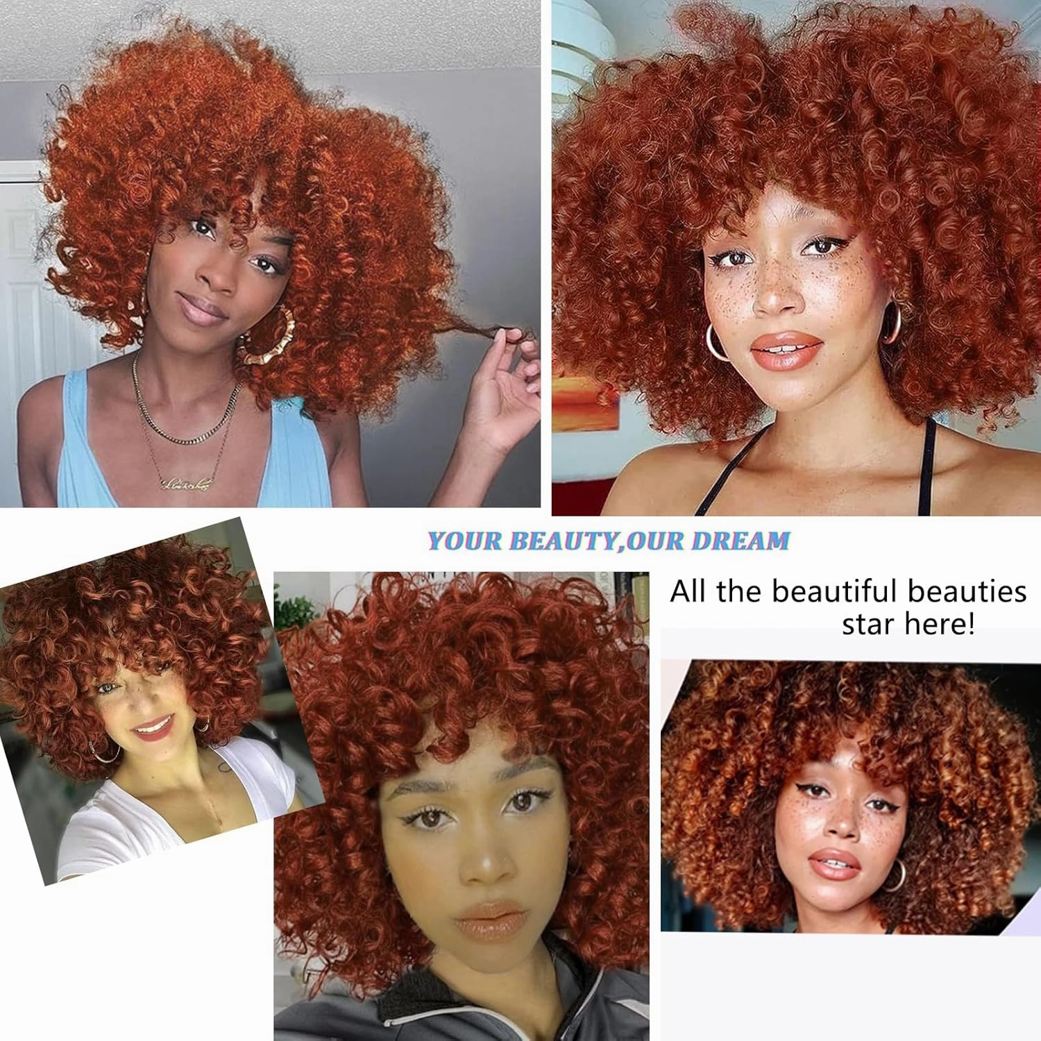 Afro Short Curly Orange Wigs for Black Women,Kinky Ombre Orange Wig With Bangs Synthetic Heat Resistant Hair for Daily Use