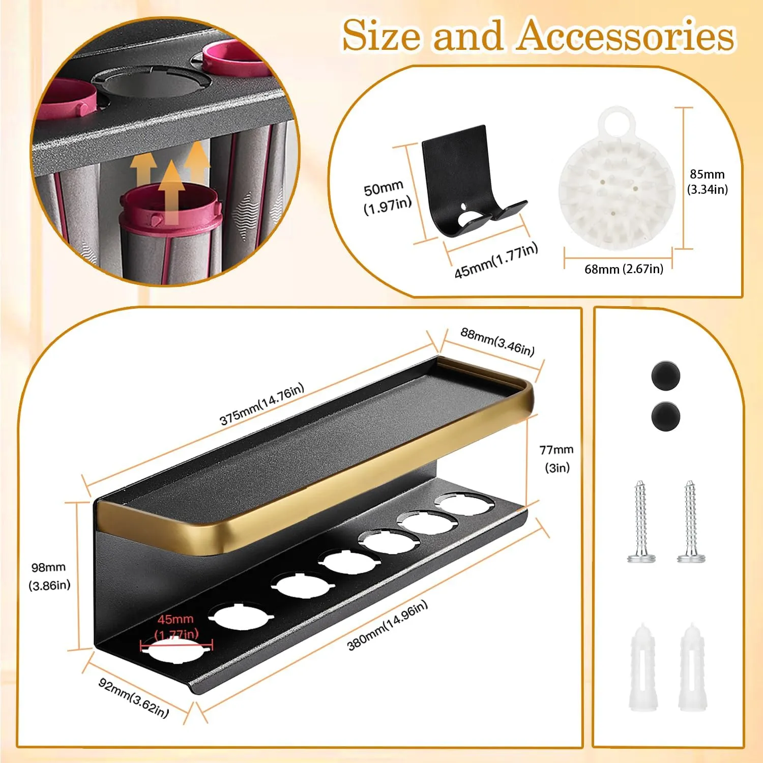 Airwrap Storage Holder Compatible with Dyson Airwrap Curling Iron Wall Mounted Storage Rack Holder for Home Organizer (with Comb) Gold