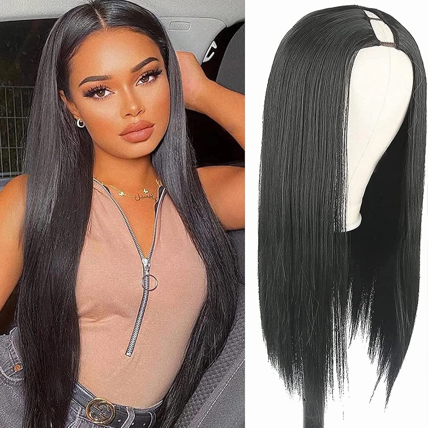 Aisaide 22-Inch Straight V Part Wig - Synthetic Hair Long Black Half Wig for Black Women - Glueless U Shape Full Head Clip-in Hair Extensions 1B