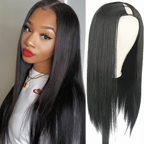 Aisaide 22-Inch Straight V Part Wig - Synthetic Hair Long Black Half Wig for Black Women - Glueless U Shape Full Head Clip-in Hair Extensions 1B