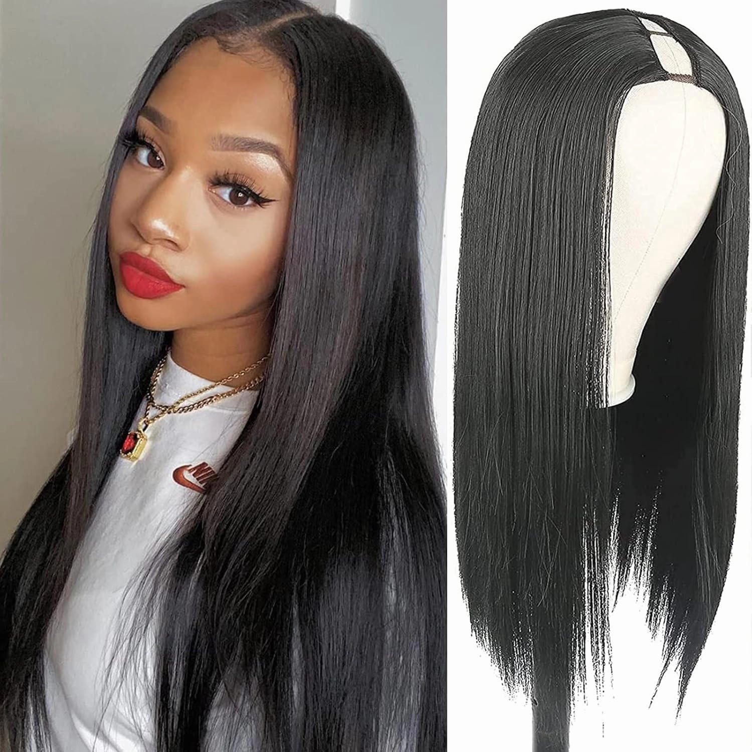 Aisaide 22-Inch Straight V Part Wig - Synthetic Hair Long Black Half Wig for Black Women - Glueless U Shape Full Head Clip-in Hair Extensions 1B