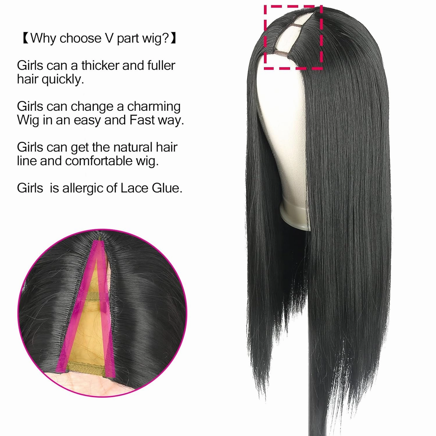 Aisaide 22-Inch Straight V Part Wig - Synthetic Hair Long Black Half Wig for Black Women - Glueless U Shape Full Head Clip-in Hair Extensions 1B