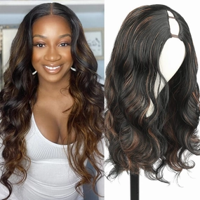 Aisaide Highlight Brown V Part Body Wave Half Wigs for Black Women - Long Wavy Wig with V & U Part, Ombre Honey Blonde Synthetic Clip in Hair Extensions - 24inch 1B/30/350