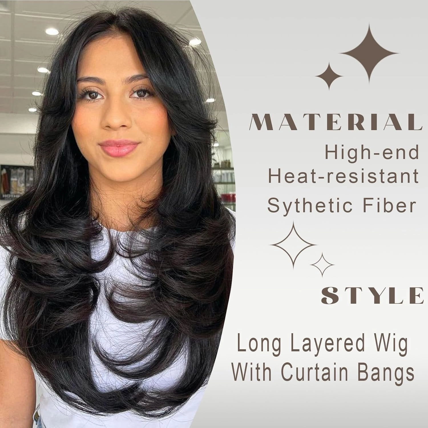 Aisaide Long Wavy Brown Layered Wig with Curtain Bangs for Black Women,Synthetic Layered Long Wavy Natural Brown Shaggy Butterfly Haircut Wigs with Thin Hair for Women 24inch