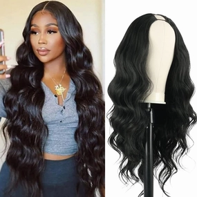 Aisaide V Part Wig Body Wave U Part Upgrade Half Wigs for Black Women Long Wavy Synthetic V/U Part Clip in Hair Extensions No Leave Out V Shaped 24inch 1B
