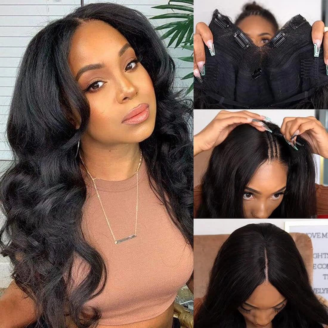 Aisaide V Part Wig Body Wave U Part Upgrade Half Wigs for Black Women Long Wavy Synthetic V/U Part Clip in Hair Extensions No Leave Out V Shaped 24inch 1B