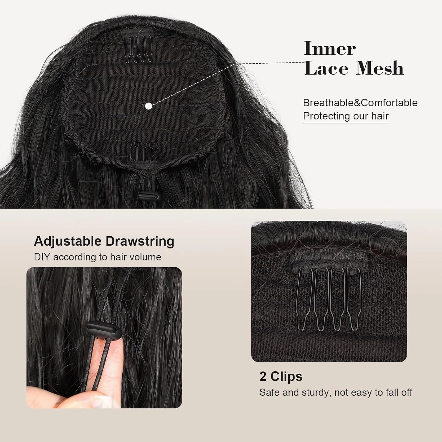 AISI BEAUTY Black Ponytail Extension Curly Drawstring Ponytail for Women 18 Inch Curly Wavy Synthetic Hair Ponytail for Daily Party Use