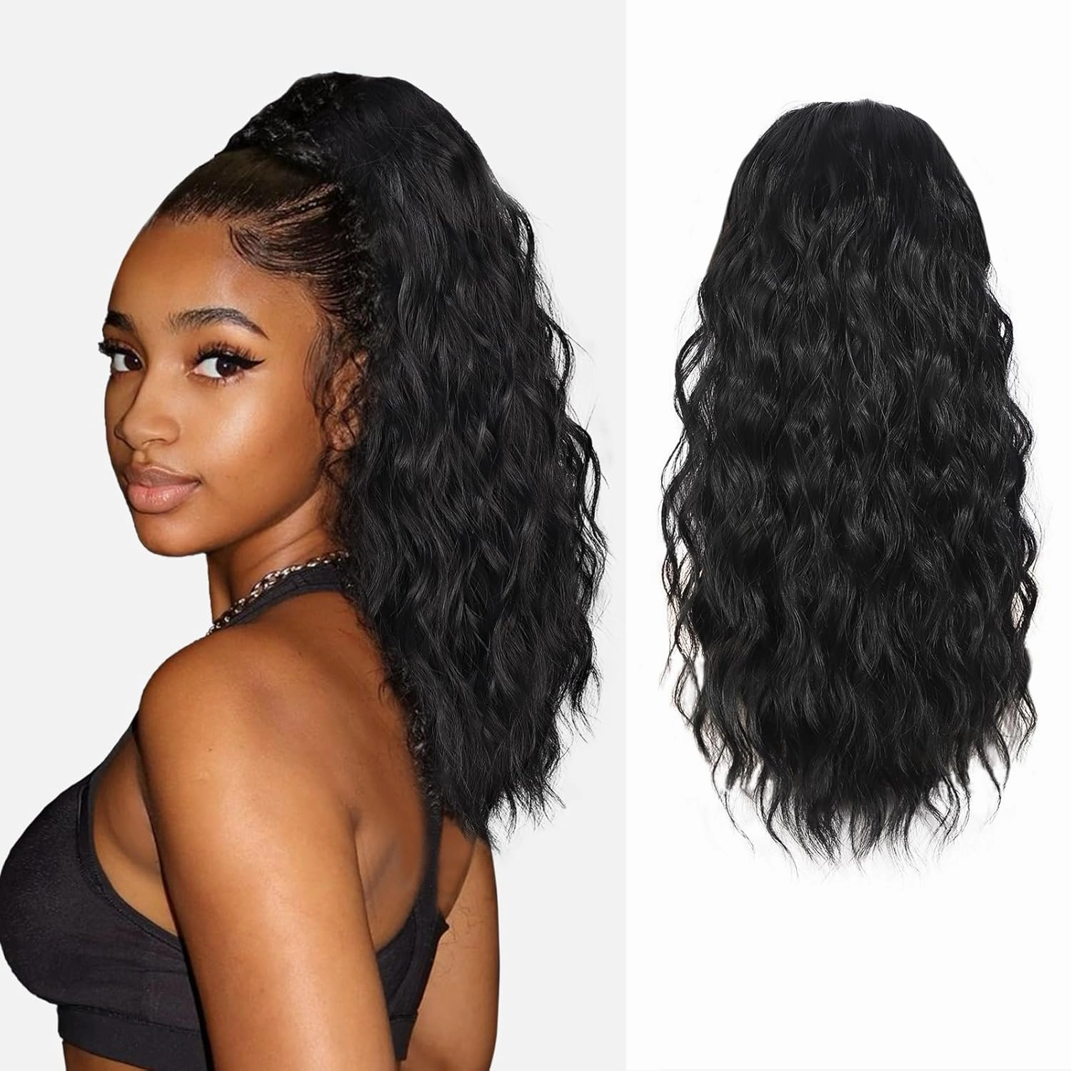 AISI BEAUTY Black Ponytail Extension Curly Drawstring Ponytail for Women 18 Inch Curly Wavy Synthetic Hair Ponytail for Daily Party Use