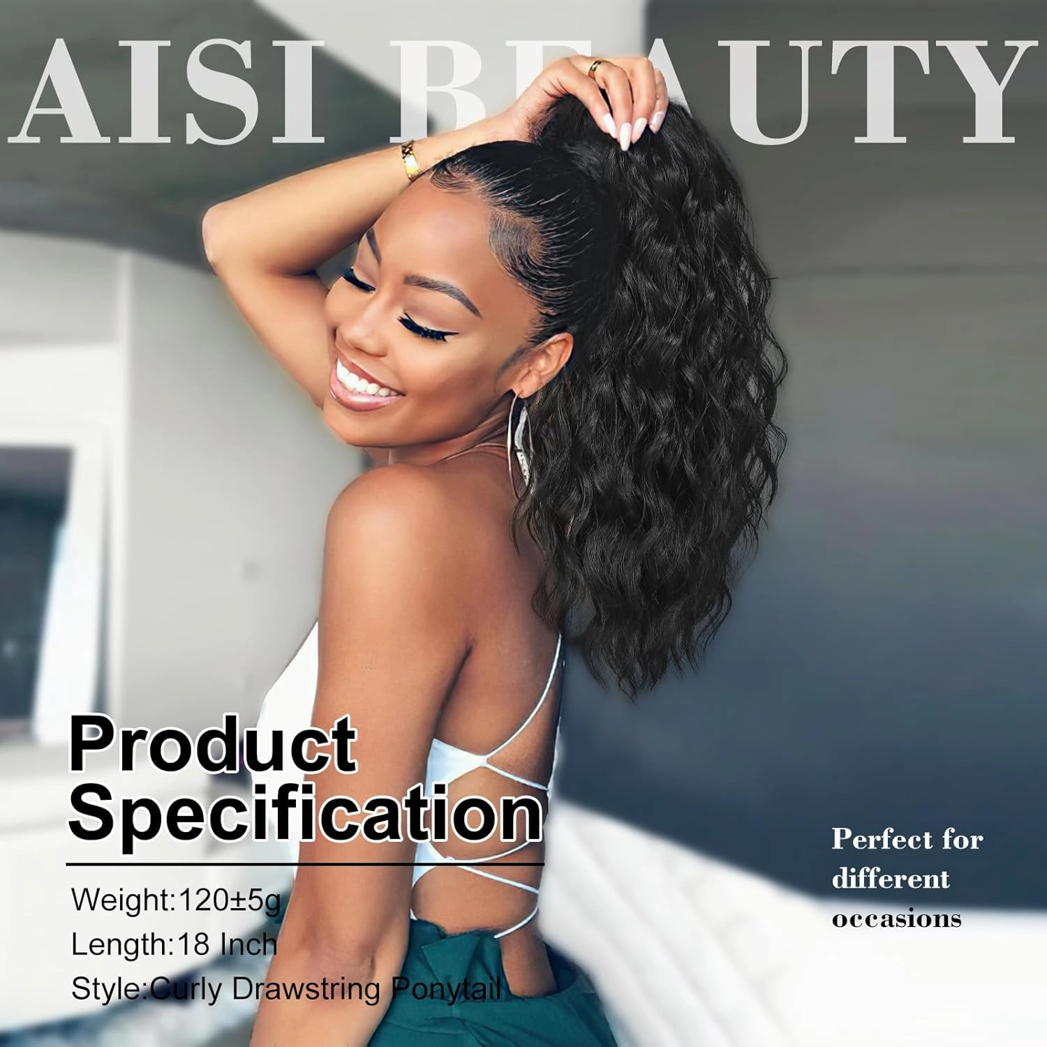 AISI BEAUTY Black Ponytail Extension Curly Drawstring Ponytail for Women 18 Inch Curly Wavy Synthetic Hair Ponytail for Daily Party Use