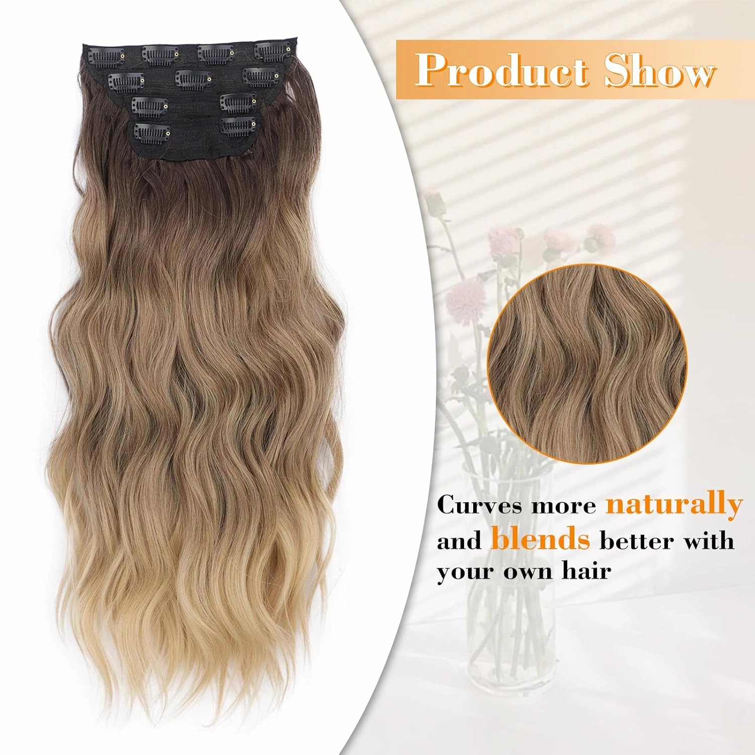 AISI BEAUTY Clip in Synthetic Hair Extensions 4PCS 20 Inch Long Wavy Hair Extensions Natural Thick Hairpieces for Women Daily and Part Use(Ombre Blonde)