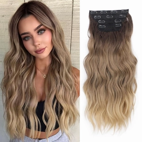 AISI BEAUTY Clip in Synthetic Hair Extensions 4PCS 20 Inch Long Wavy Hair Extensions Natural Thick Hairpieces for Women Daily and Part Use(Ombre Blonde)