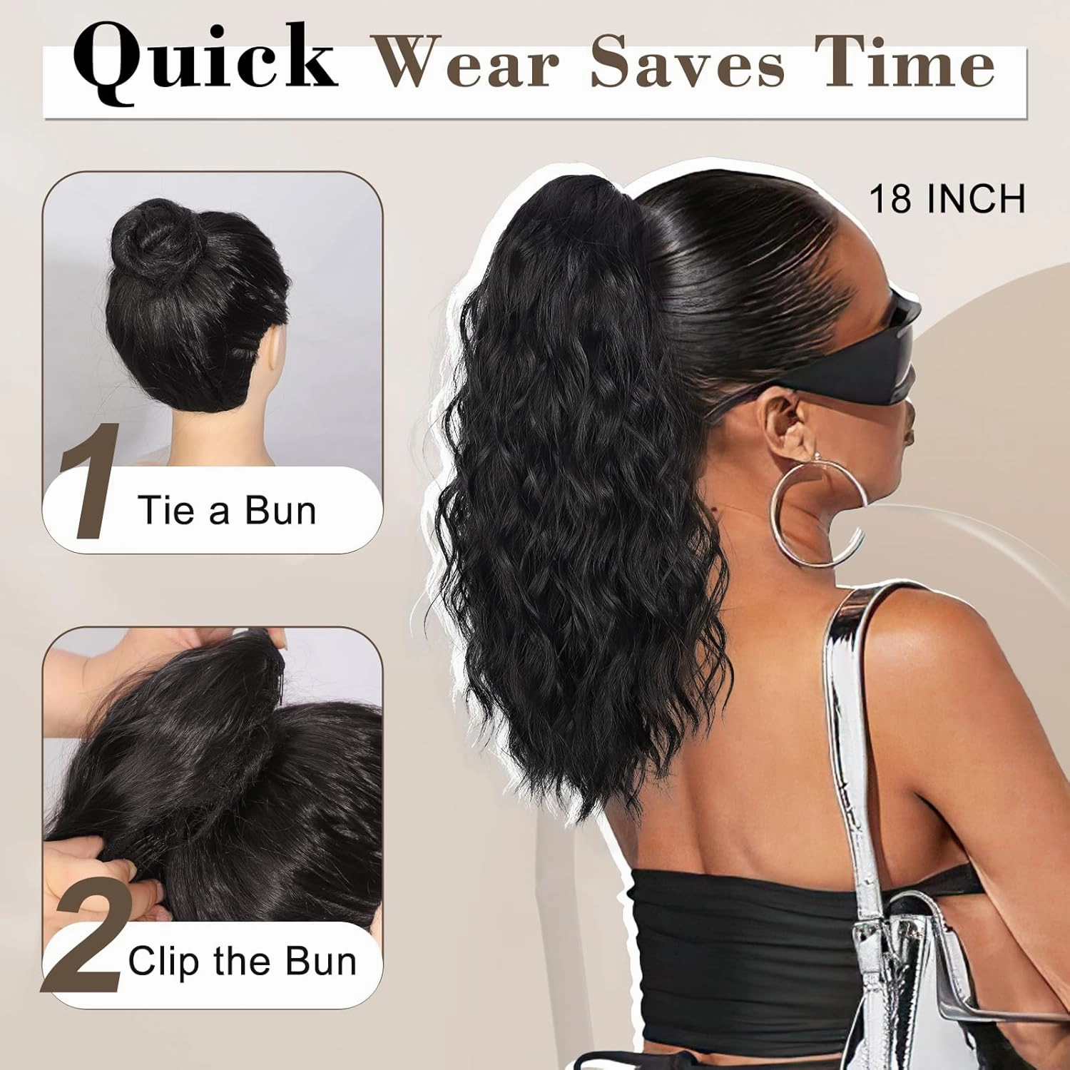 AISI BEAUTY Ponytail Extension Drawstring Ponytail for Women 18 Inch Curly Wavy Synthetic Hair Ponytail for Daily Party Use(Black Brown)