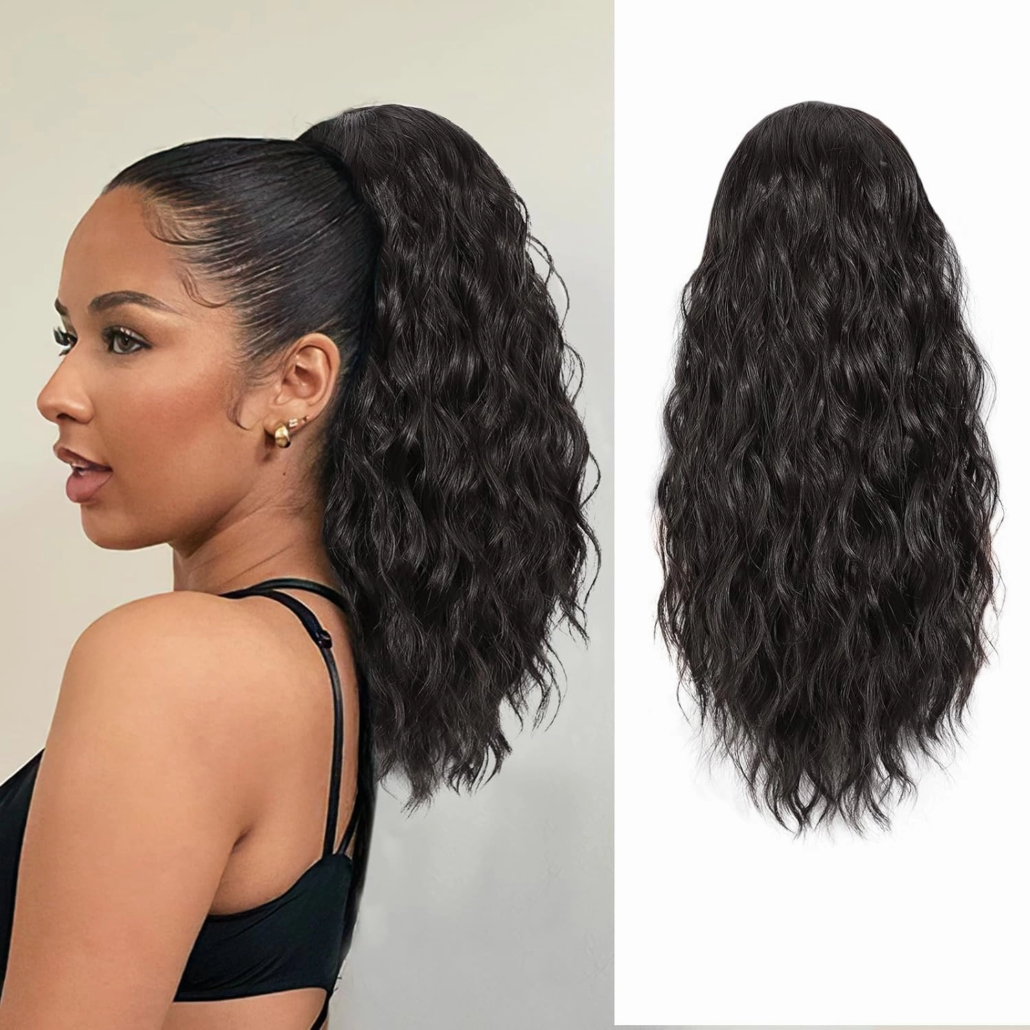 AISI BEAUTY Ponytail Extension Drawstring Ponytail for Women 18 Inch Curly Wavy Synthetic Hair Ponytail for Daily Party Use(Black Brown)