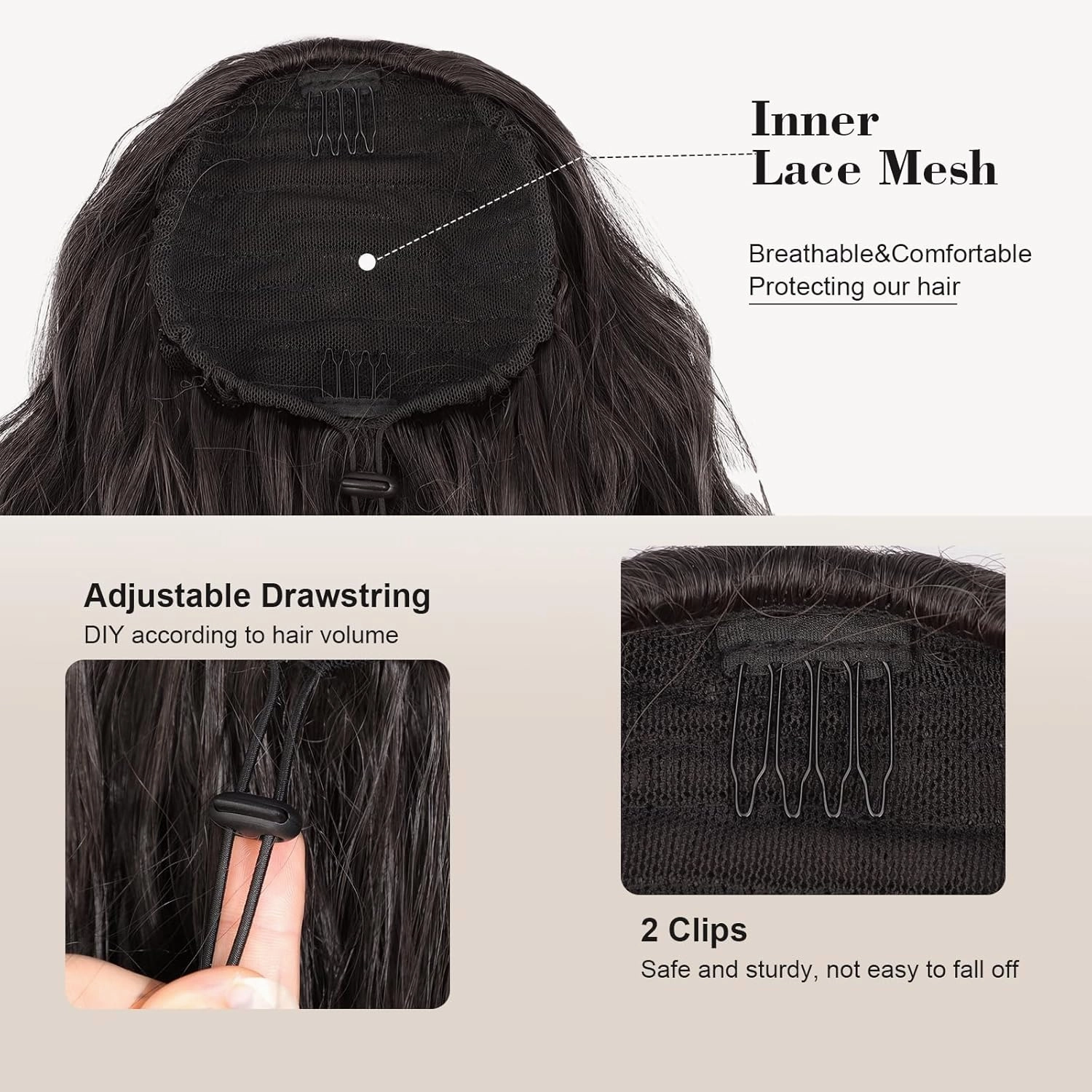 AISI BEAUTY Ponytail Extension Drawstring Ponytail for Women 18 Inch Curly Wavy Synthetic Hair Ponytail for Daily Party Use(Black Brown)