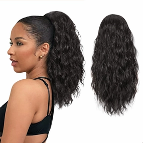 AISI BEAUTY Ponytail Extension Drawstring Ponytail for Women 18 Inch Curly Wavy Synthetic Hair Ponytail for Daily Party Use(Black Brown)