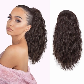 AISI BEAUTY Ponytail Extension Drawstring Ponytail for Women 18 Inch Curly Wavy Synthetic Hair Ponytail for Daily Party Use(Dark Brown)