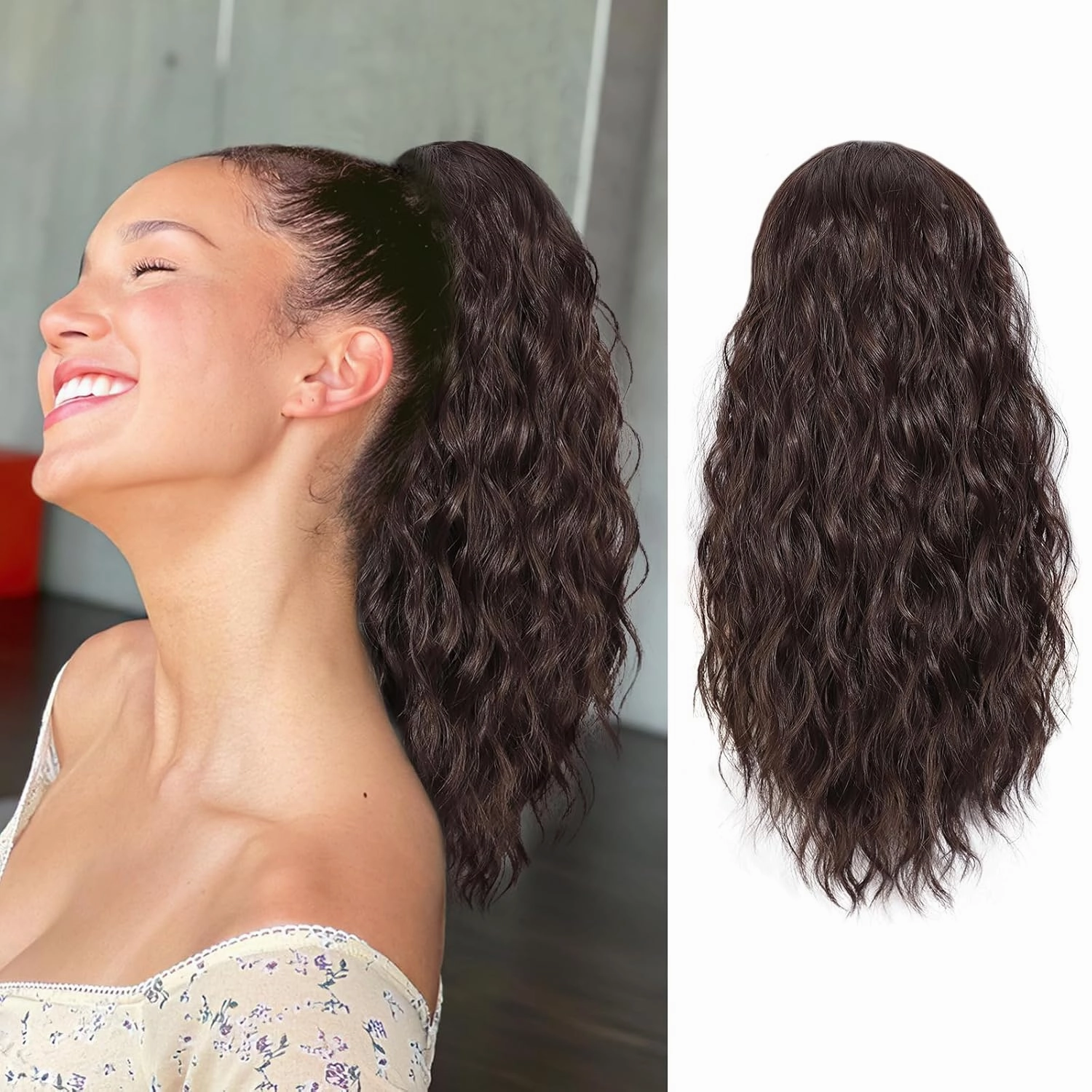 AISI BEAUTY Ponytail Extension Drawstring Ponytail for Women 18 Inch Curly Wavy Synthetic Hair Ponytail for Daily Party Use(Dark Brown)