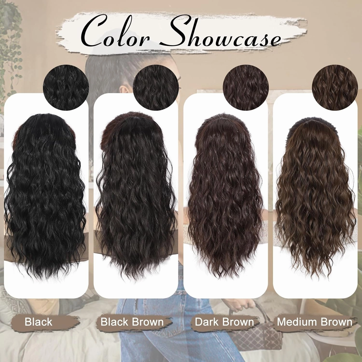 AISI BEAUTY Ponytail Extension Drawstring Ponytail for Women 18 Inch Curly Wavy Synthetic Hair Ponytail for Daily Party Use(Dark Brown)