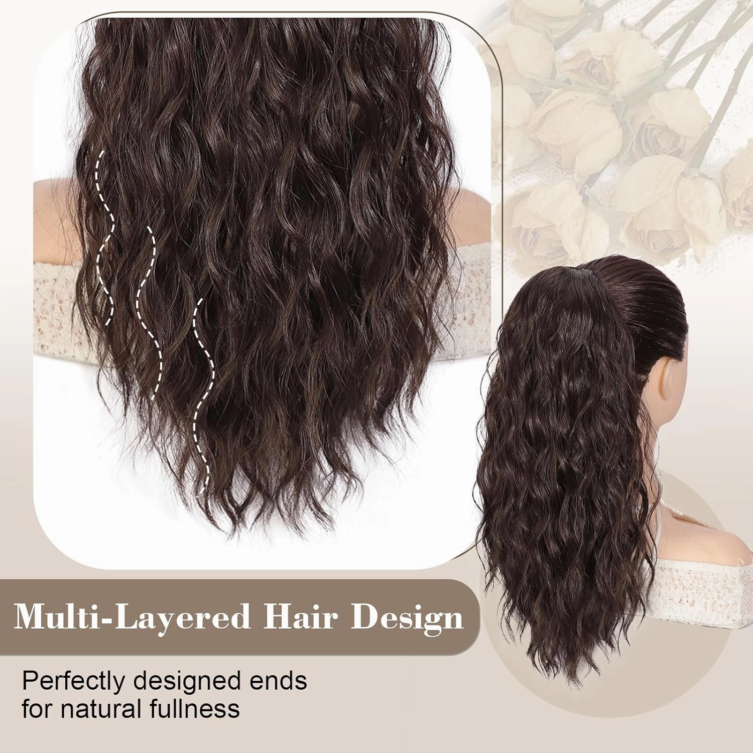 AISI BEAUTY Ponytail Extension Drawstring Ponytail for Women 18 Inch Curly Wavy Synthetic Hair Ponytail for Daily Party Use(Dark Brown)