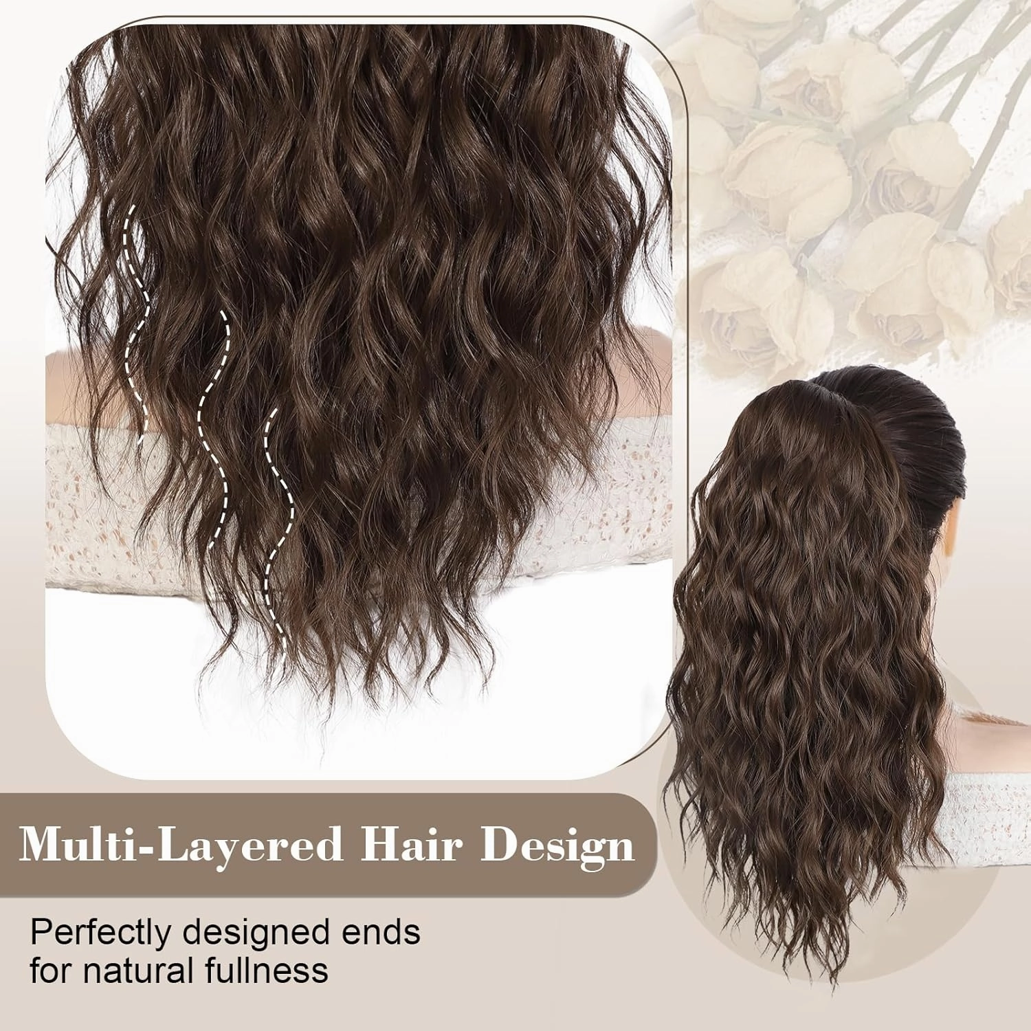 AISI BEAUTY Ponytail Extension Drawstring Ponytail for Women 18 Inch Curly Wavy Synthetic Hair Ponytail for Daily Party Use（Medium Brown）