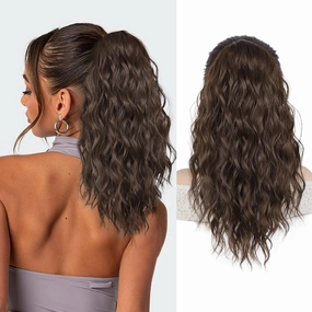 AISI BEAUTY Ponytail Extension Drawstring Ponytail for Women 18 Inch Curly Wavy Synthetic Hair Ponytail for Daily Party Use（Medium Brown）