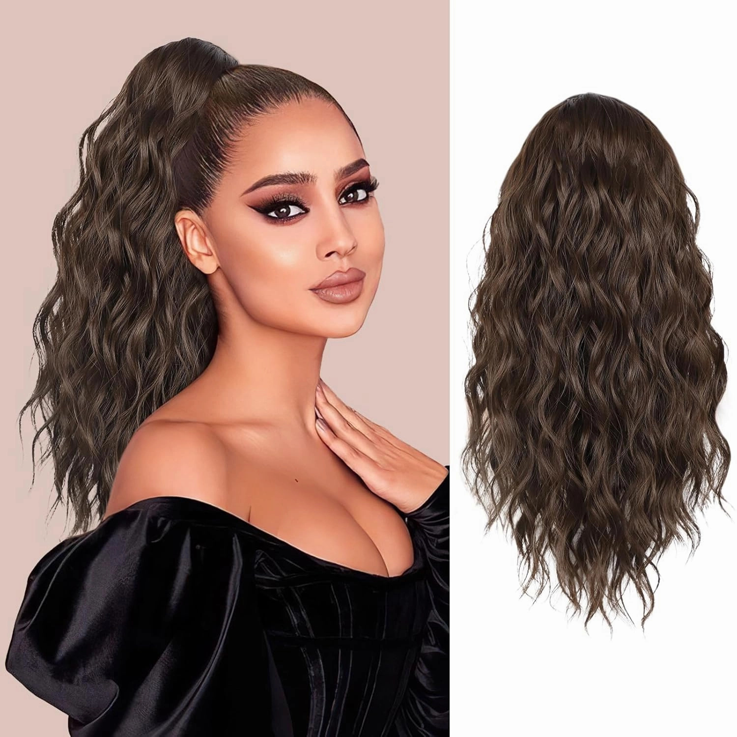 AISI BEAUTY Ponytail Extension Drawstring Ponytail for Women 18 Inch Curly Wavy Synthetic Hair Ponytail for Daily Party Use（Medium Brown）