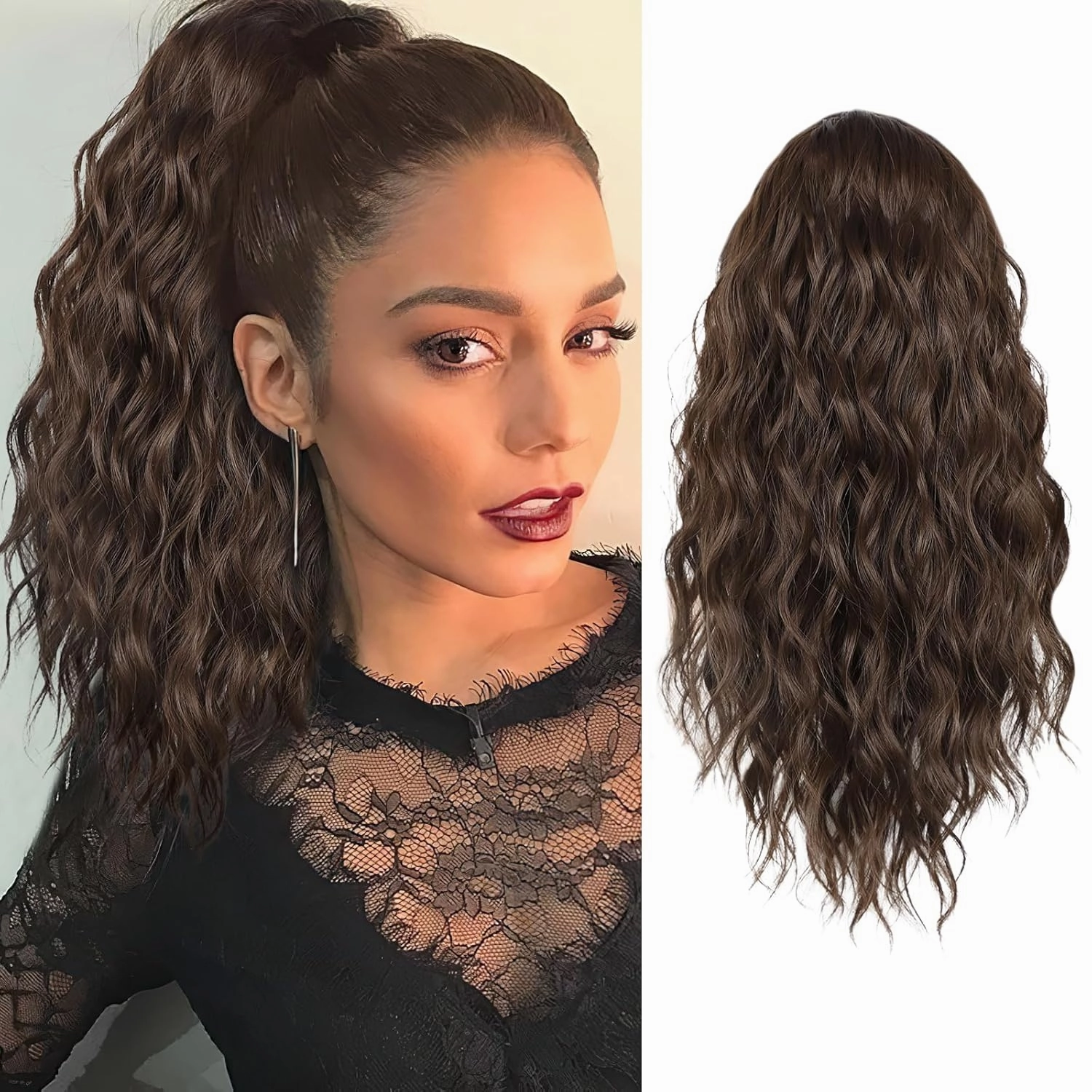 AISI BEAUTY Ponytail Extension Drawstring Ponytail for Women 18 Inch Curly Wavy Synthetic Hair Ponytail for Daily Party Use（Medium Brown）