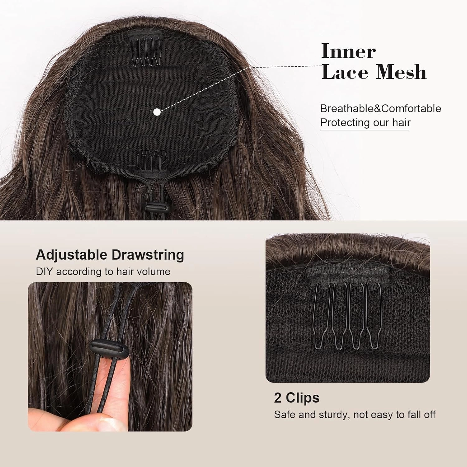 AISI BEAUTY Ponytail Extension Drawstring Ponytail for Women 18 Inch Curly Wavy Synthetic Hair Ponytail for Daily Party Use（Medium Brown）