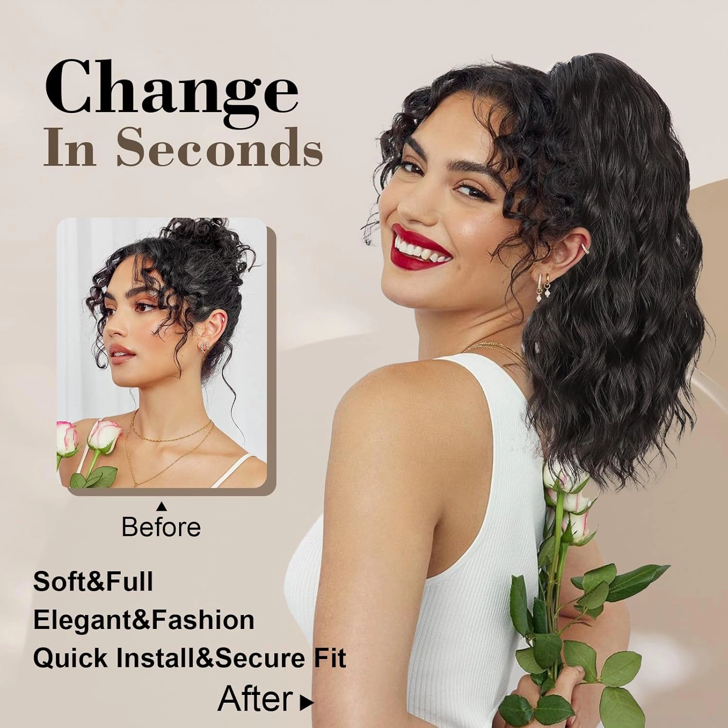 AISI BEAUTY Ponytail Extension Drawstring Ponytail for Women 18 Inch Curly Wavy Synthetic Hairpiece for Daily Party Use(4T30)