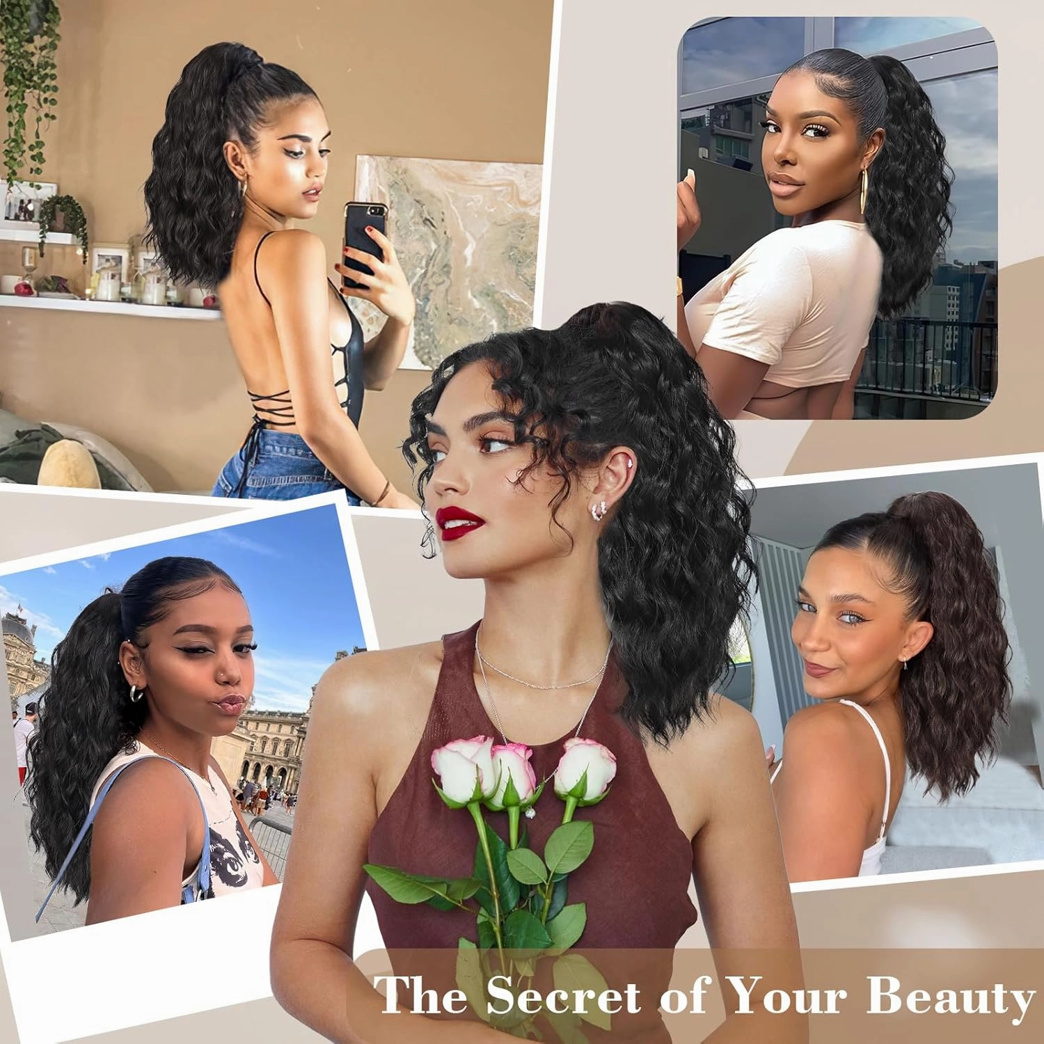 AISI BEAUTY Ponytail Extension Drawstring Ponytail for Women 18 Inch Curly Wavy Synthetic Hairpiece for Daily Party Use(4T30)