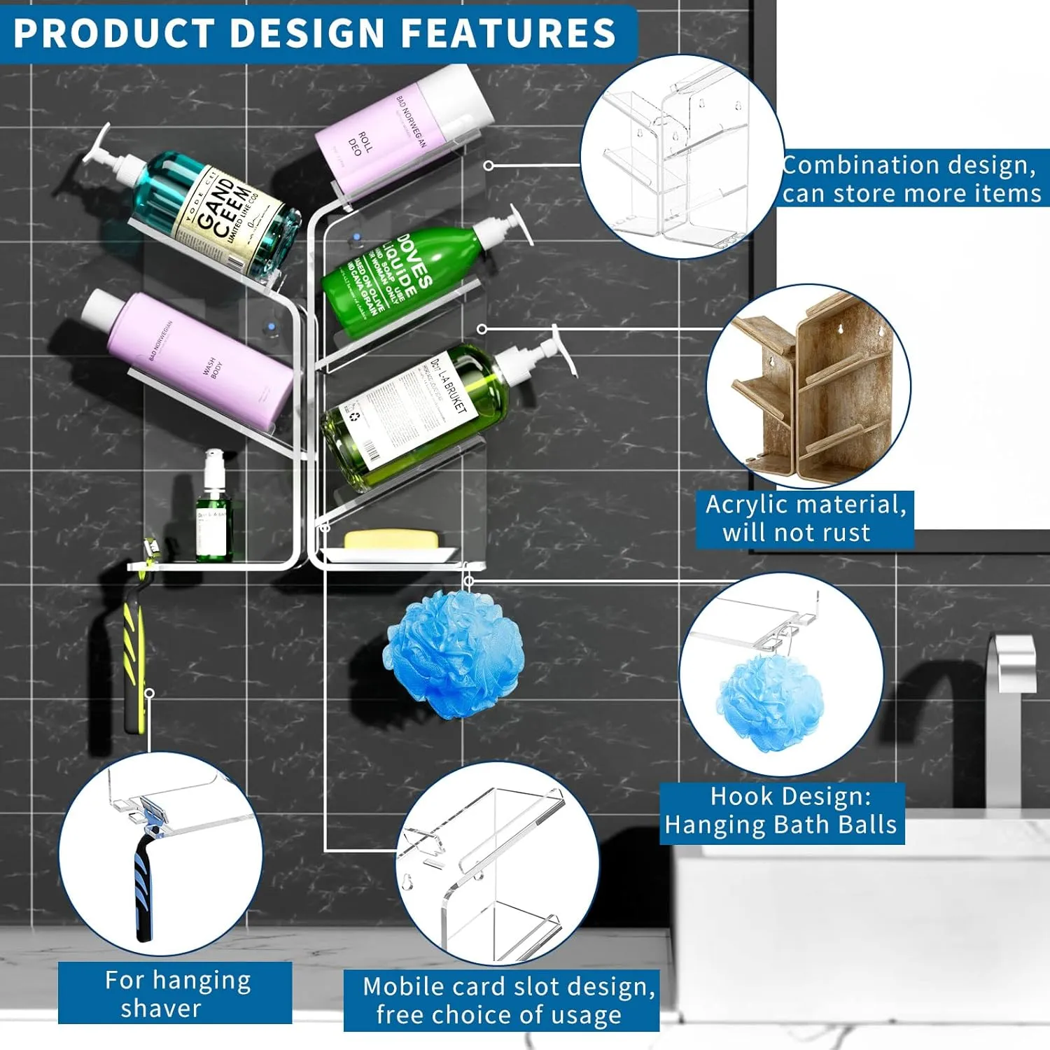 AITEE Acrylic Bathroom Organizer Shower Caddy, Clear Shampoo Holder, Wall Mounted, Shower Organizer with Suction Cup, No Drilling and Rustproof, Sturdy and Durable