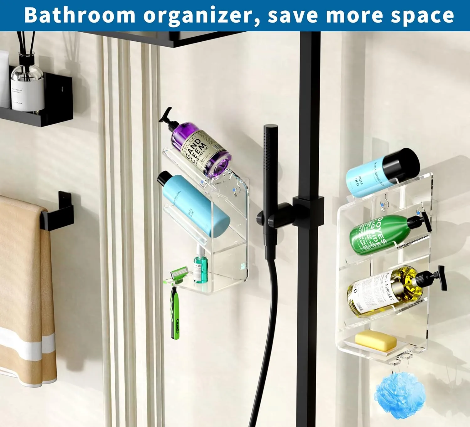 AITEE Acrylic Bathroom Organizer Shower Caddy, Clear Shampoo Holder, Wall Mounted, Shower Organizer with Suction Cup, No Drilling and Rustproof, Sturdy and Durable