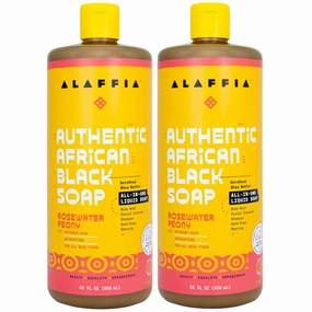 Alaffia Authentic African Black Soap, Rosewater Peony, 2-Pack – All-in-One Moisturizing Cleanser for Face, Hands, Body & Hair, 32 Oz Ea