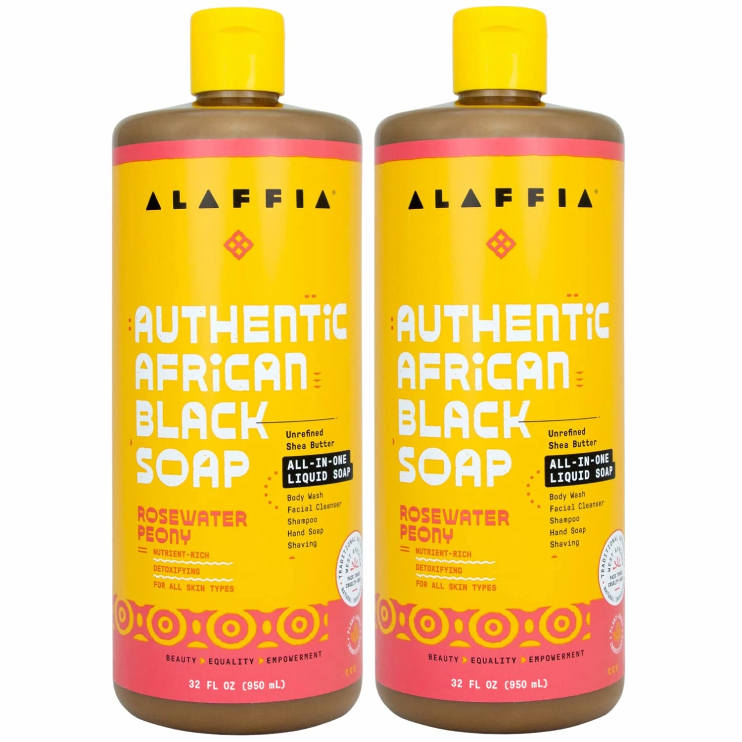 Alaffia Authentic African Black Soap, Rosewater Peony, 2-Pack – All-in-One Moisturizing Cleanser for Face, Hands, Body & Hair, 32 Oz Ea