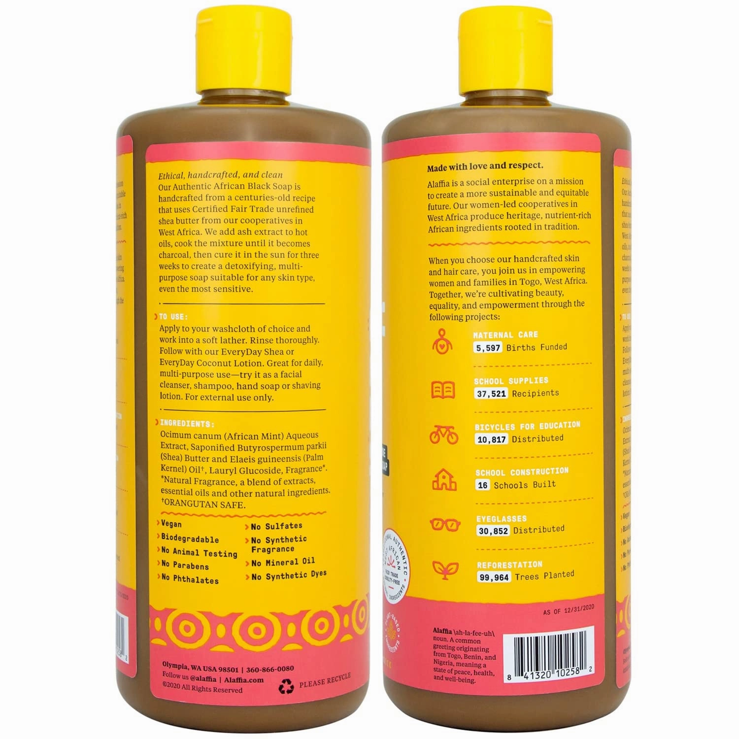 Alaffia Authentic African Black Soap, Rosewater Peony, 2-Pack – All-in-One Moisturizing Cleanser for Face, Hands, Body & Hair, 32 Oz Ea