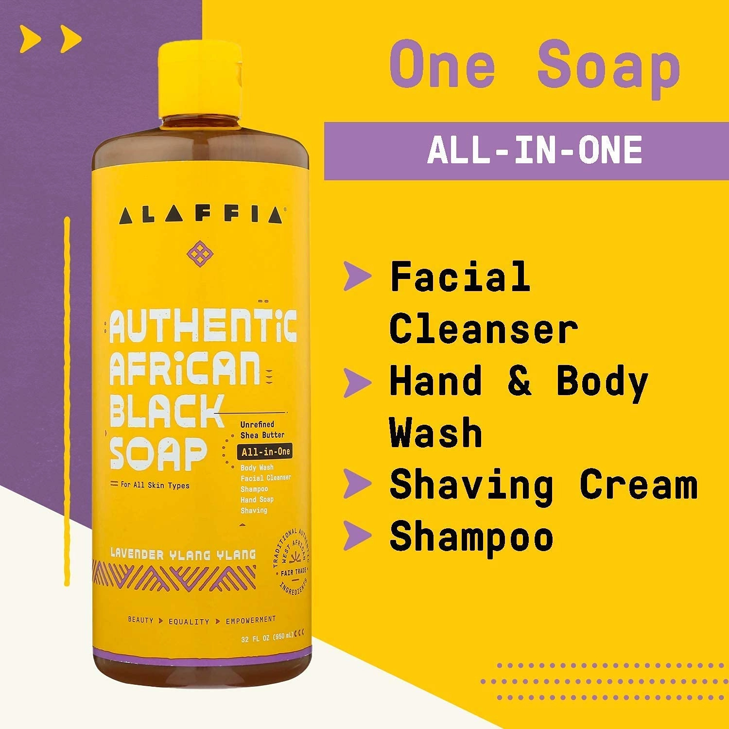 Alaffia Skin Care, Authentic African Black Soap, All in One Body Wash, Face Wash, Shampoo & Shaving Soap with Fair Trade Shea Butter Lavender Ylang Ylang 32 Fl Oz