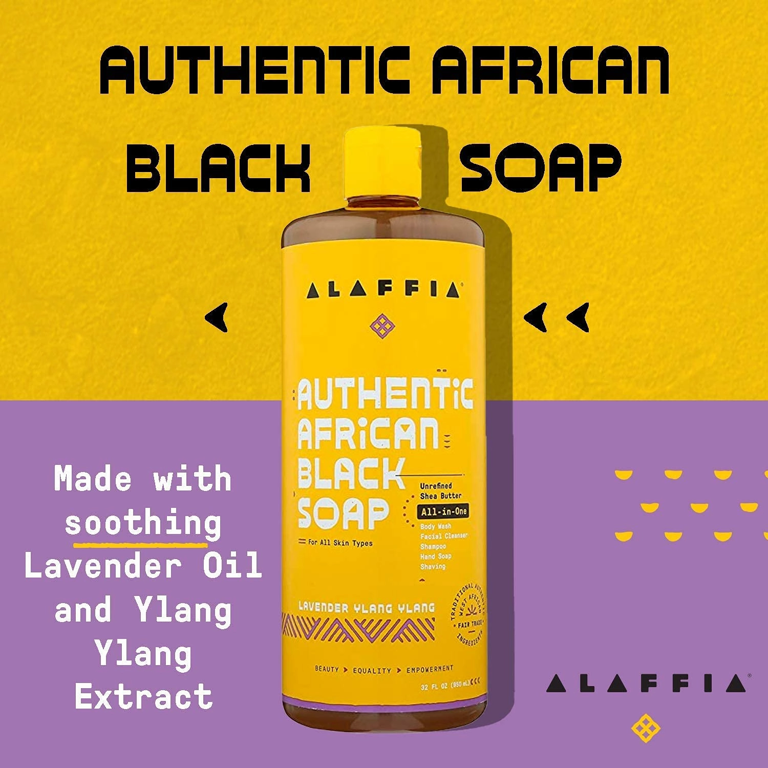 Alaffia Skin Care, Authentic African Black Soap, All in One Body Wash, Face Wash, Shampoo & Shaving Soap with Fair Trade Shea Butter Lavender Ylang Ylang 32 Fl Oz