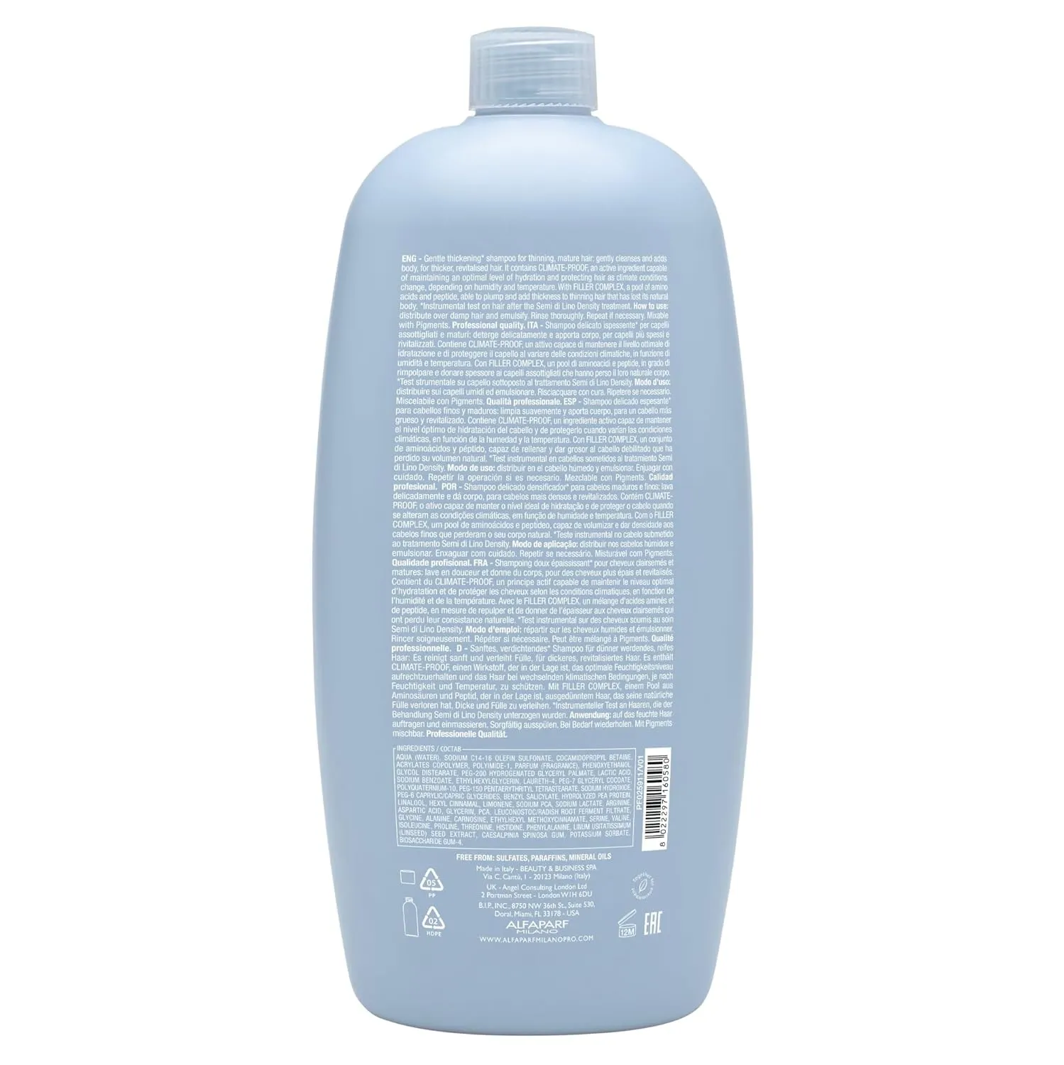Alfaparf Milano Semi Di Lino Density Shampoo - Sulfate-Free Hair Thickening Shampoo - Gentle Cleansing Shampoo with Filler Complex - Protects & Hydrates for Long-Lasting Color