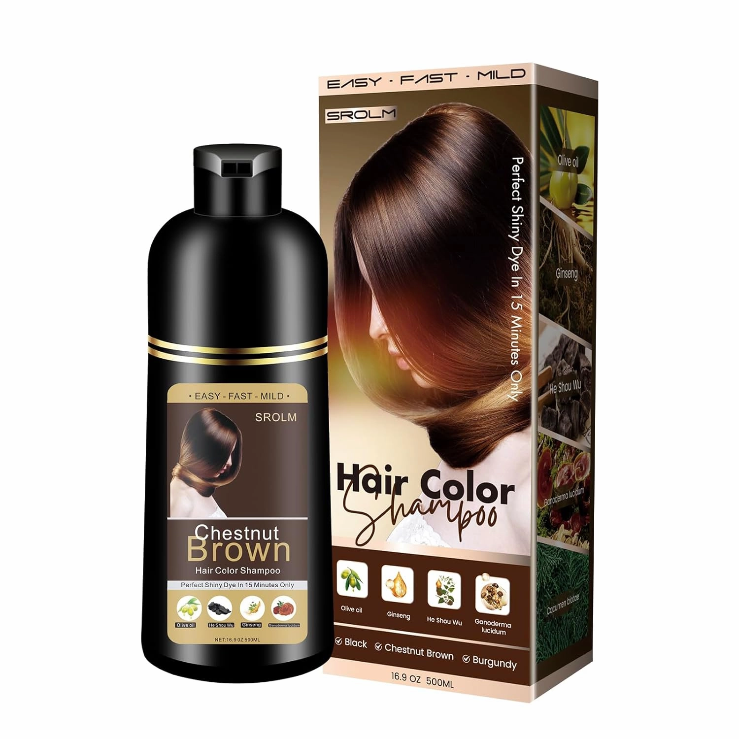All-in-1 Hair Dye Shampoo for Women & Men - Natural Black Hair Color to Cover Gray Hair, Herbal Formula with Ginseng & He Shou Wu, Gentle Gray Coverage (Chestnut Brown)