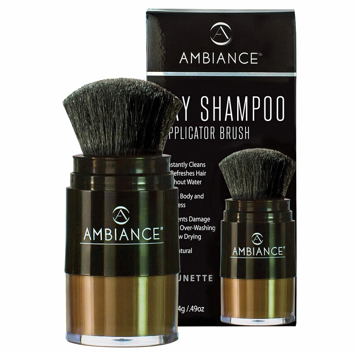 Ambiance Natural Dry Shampoo Powder & Brush for Dark Hair - Non Aerosol Travel Size Brunette Tinted Shampoo - Non Toxic, Benzene Free - Volumizing, Refreshes Oily Hair & Covers Roots Between Colorings
