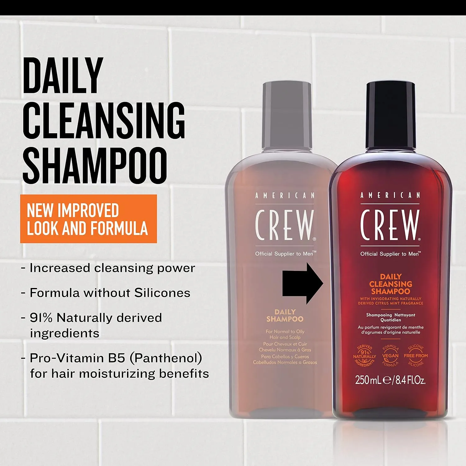 American Crew Shampoo for Men, Daily Cleanser, Naturally Derived, Vegan Formula, Citrus Mint Fragrance, 33.8 Fl Oz
