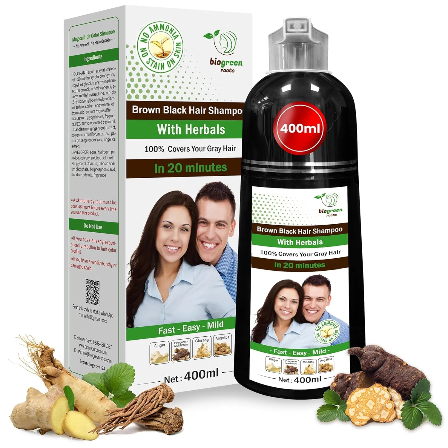 Ammonia-Free & Paraben Free Herbal Hair Shampoo - Hair Dye Shampoo for Women & Men - Natural Color & Herbal Nourishment - No Stain on Skin - Brown Black (400 ml)