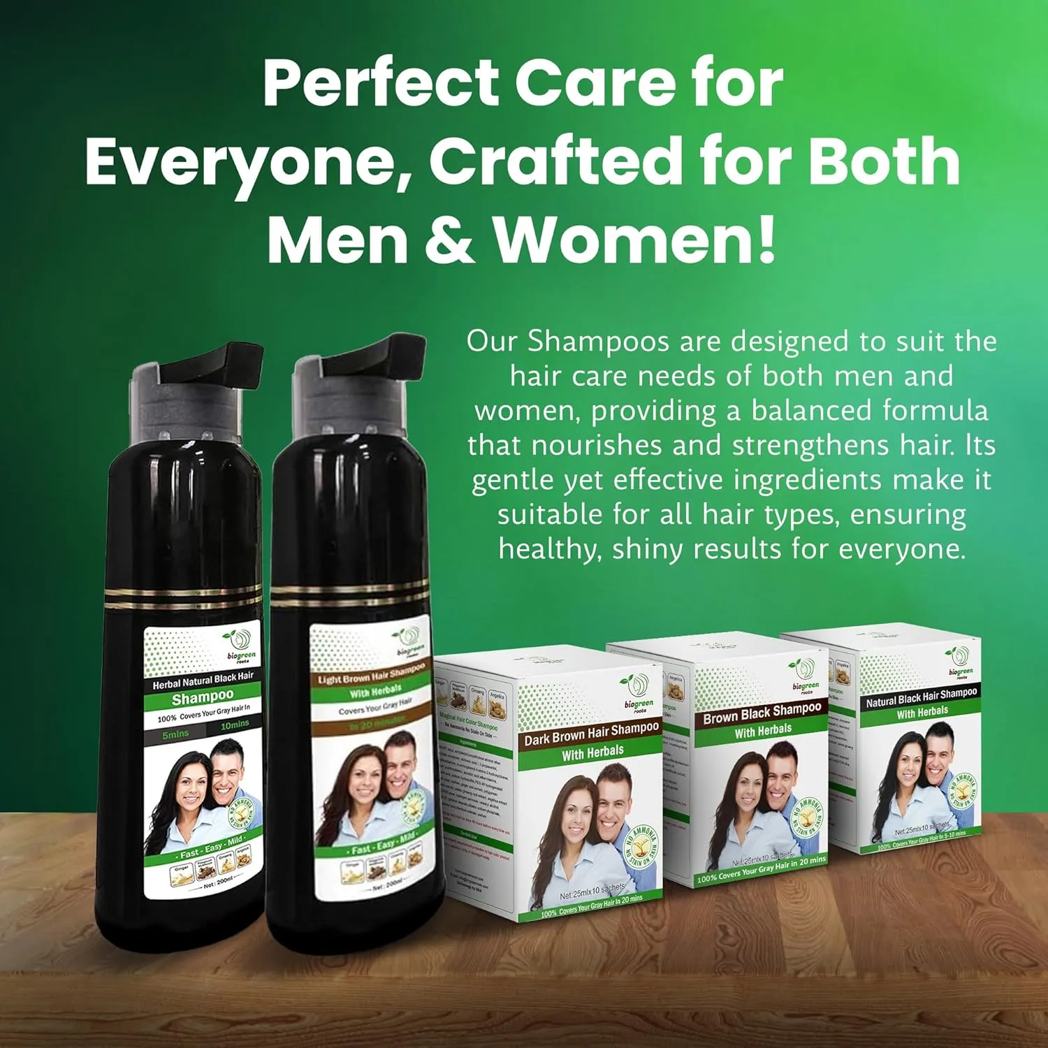 Ammonia-Free & Paraben Free Herbal Hair Shampoo - Hair Dye Shampoo for Women & Men - Natural Color & Herbal Nourishment - No Stain on Skin - Brown Black (400 ml)