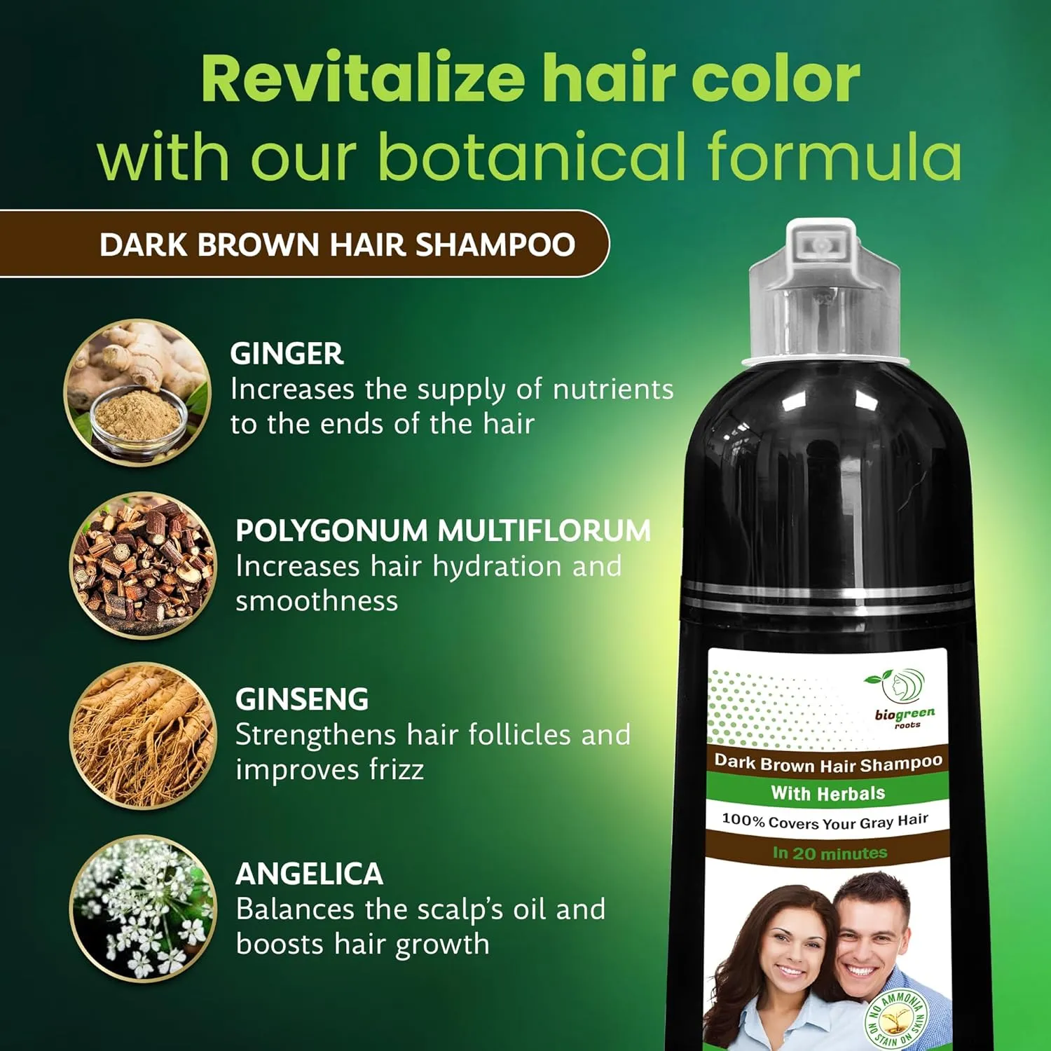 Ammonia-Free & Paraben Free Herbal Hair Shampoo - Hair Dye Shampoo for Women & Men - Natural Color & Herbal Nourishment - No Stain on Skin - Dark Brown (400 ml)